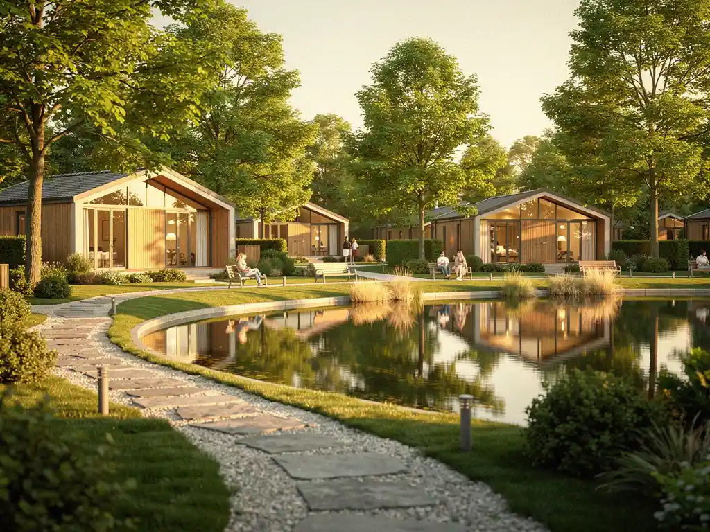 Luxe recreatiepark met vakantiehuisjes tussen groene bomen, rustige vijver met gouden weerspiegeling en verzorgde paden.