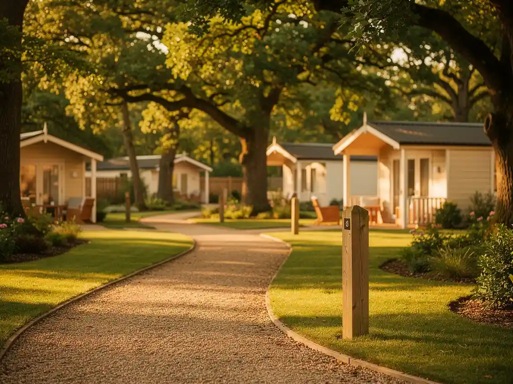 Luxe vakantiepark met houten grenspaaltje, grindpad en vakantiehuisjes tussen hoge eiken in warm middaglicht.