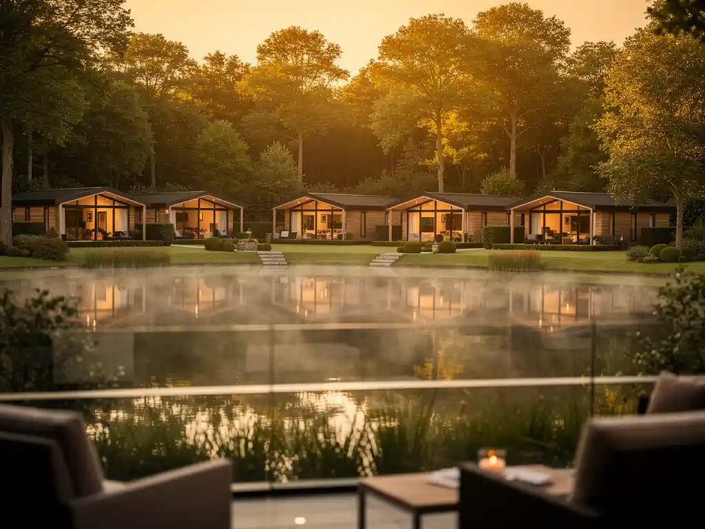Luxe vakantiepark in Nederlands bos met elegante chalets weerspiegeld in een stille meer tijdens het gouden uur.