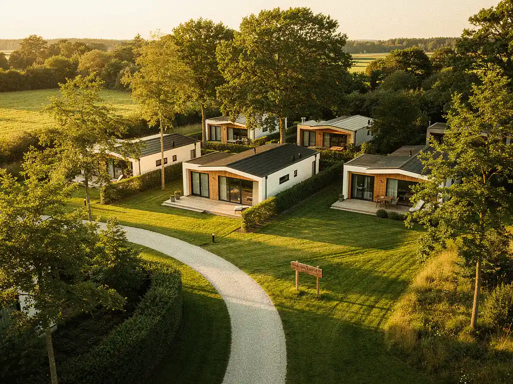 Luxe vakantiepark in Nederlands landschap met houten chalets, grindpad en houten wegwijzer in warm avondlicht.