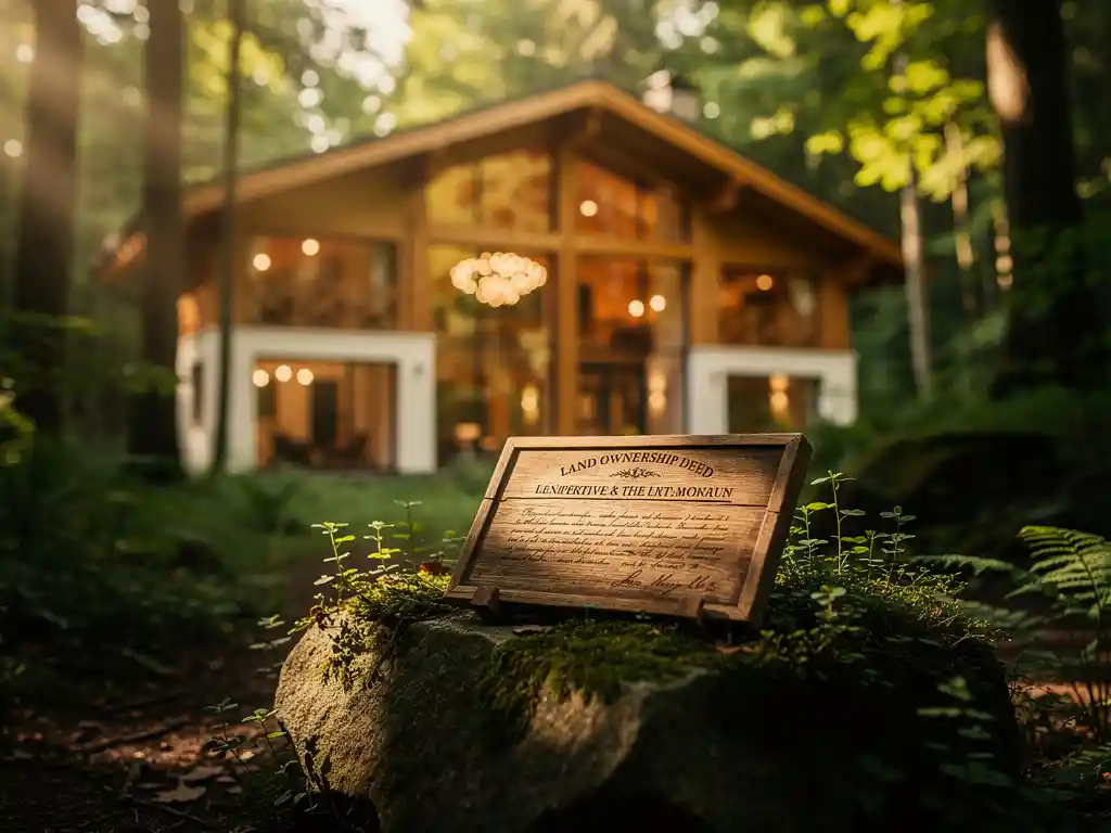 Luxe recreatiechalet tussen weelderig groen bos, met een houten eigendomsakte op een bemoste steen op de voorgrond.