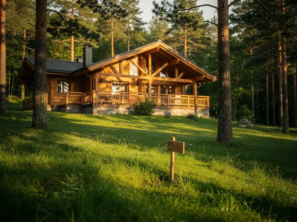 Luxe houten chalet met veranda tussen dennenbomen op zonnig vakantieresort, met 'For Investment'-bordje in weelderig groen grasland.