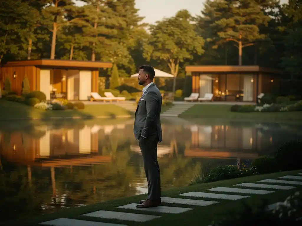 Investeerder bij luxe vakantieresort aan het meer bij gouden uur, met elegante houten lodges tussen weelderig groen die weerspiegelen in kalm water.