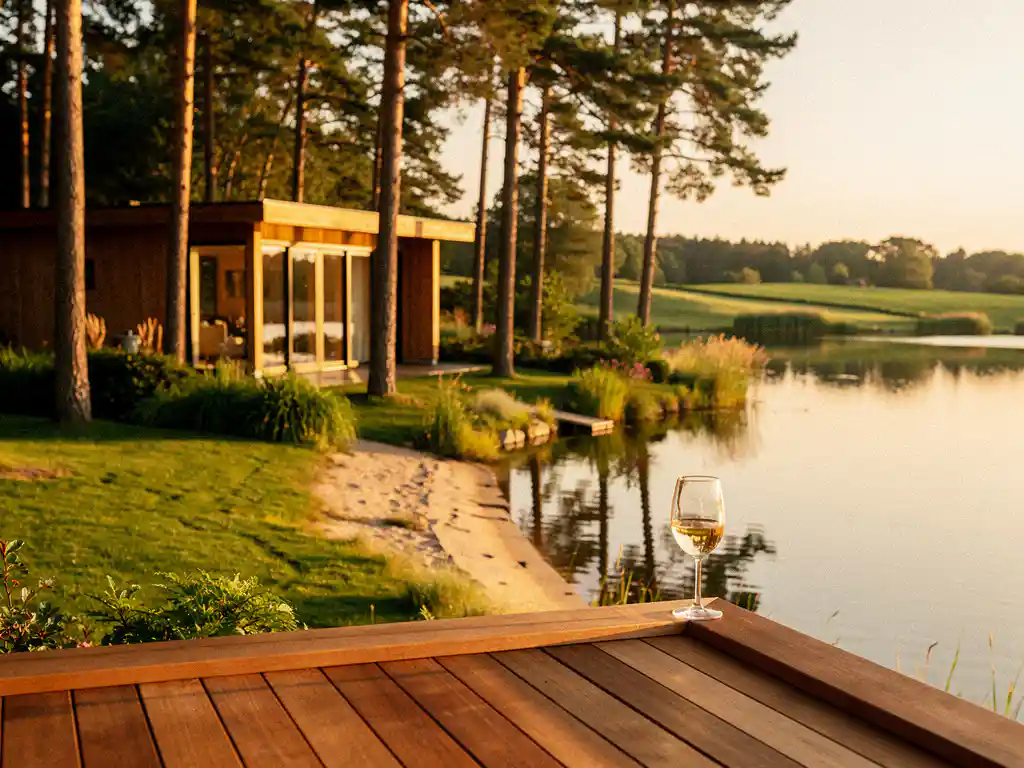 Luxe vakantiewoning tussen pijnbomen aan een rustig Nederlands meer, met houten terras en wijnglas in warm middaglicht.