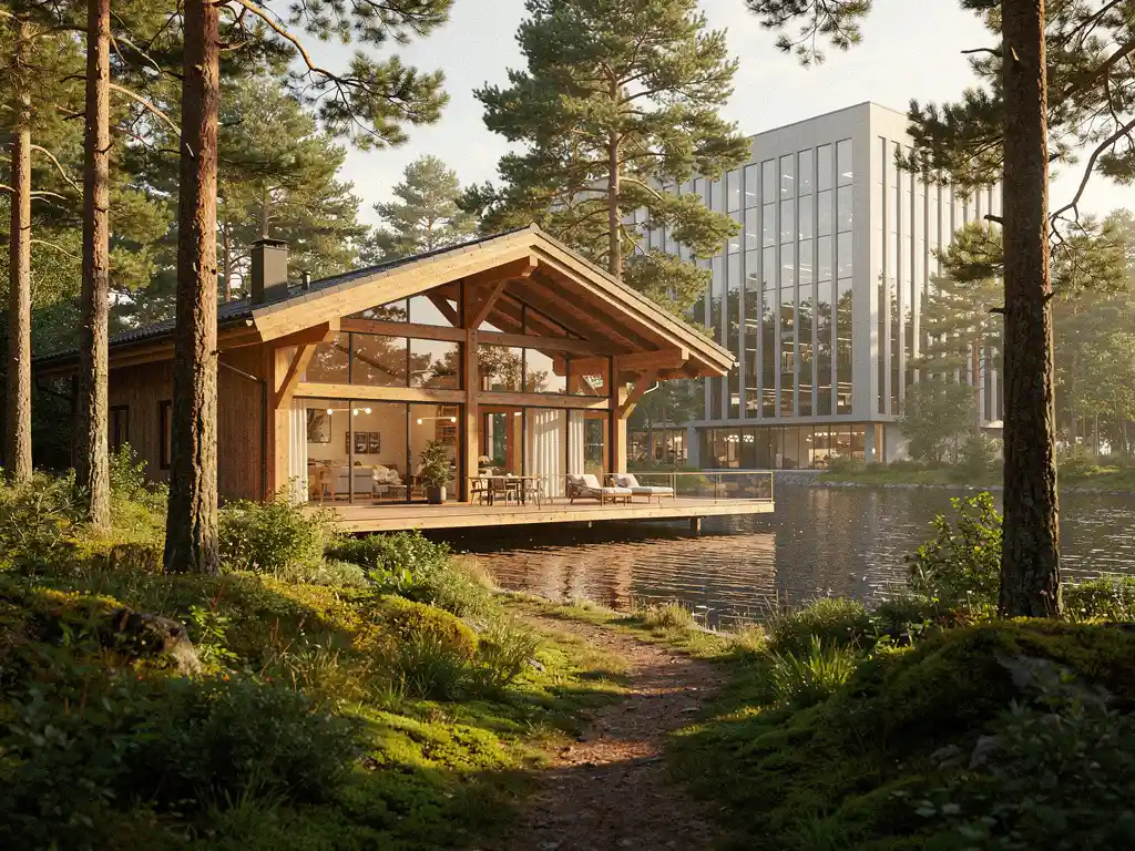 Luxe vakantiechalet tussen hoge pijnbomen langs een rustige Nederlandse waterweg, met een glazen kantoorgebouw op de achtergrond.