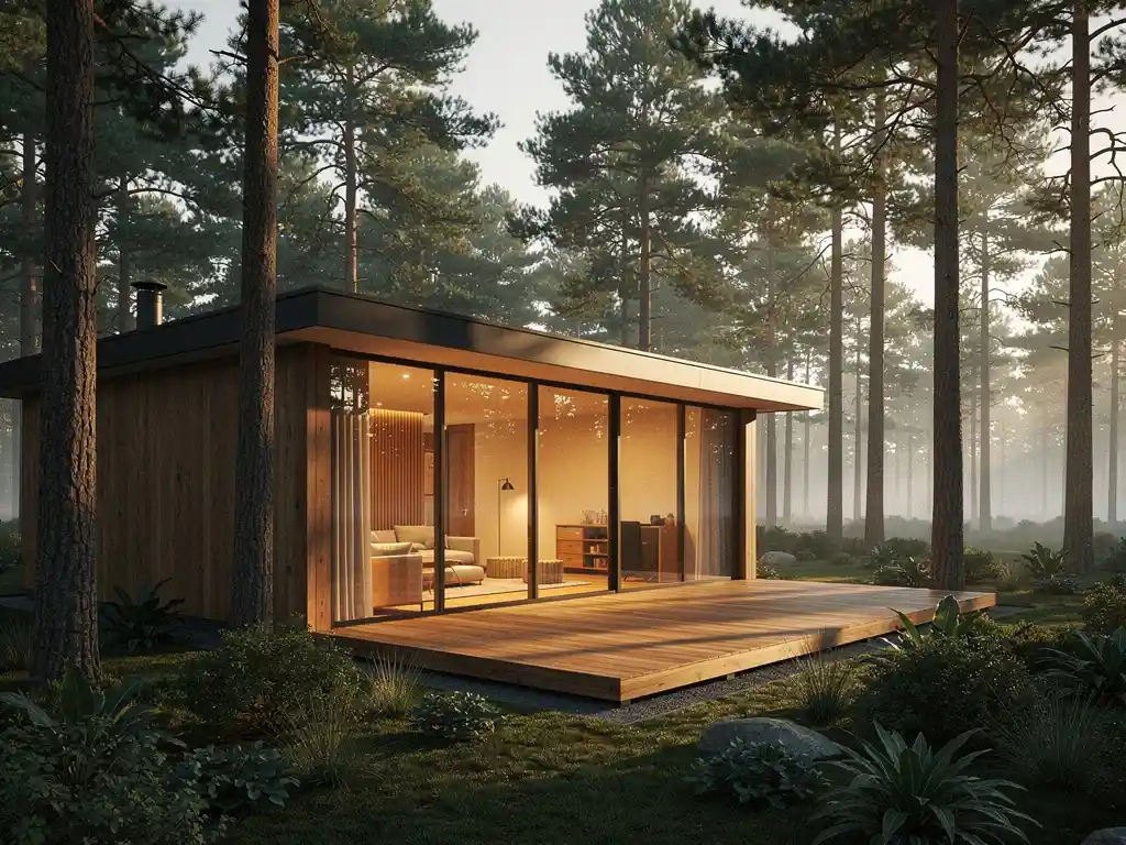 Luxe moderne lodge tussen hoge Nederlandse dennenbomen, met warm amberkleurig licht door vloer-tot-plafond ramen op een houten terras bij avondschemering.