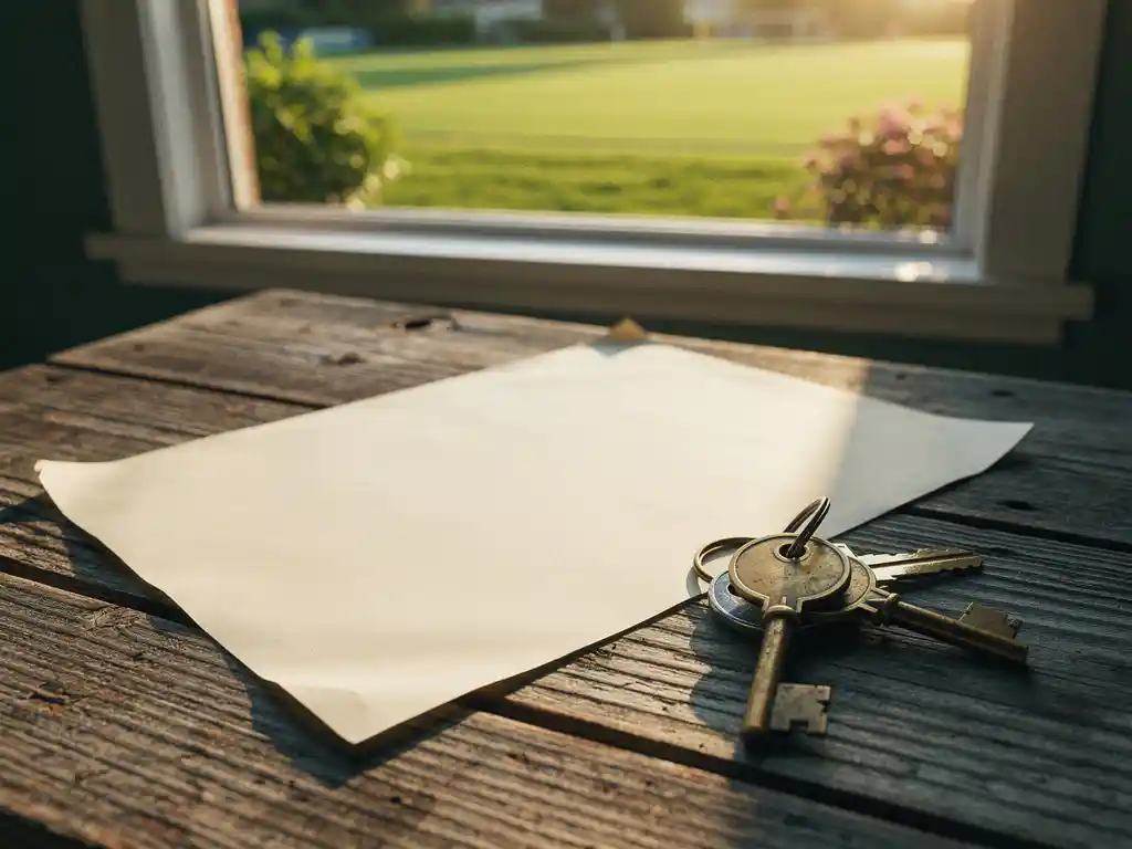 Notariële akte en oude messing sleutels op een verweerde houten tafel, met een groen recreatieterrein zichtbaar door een zonnig raam.
