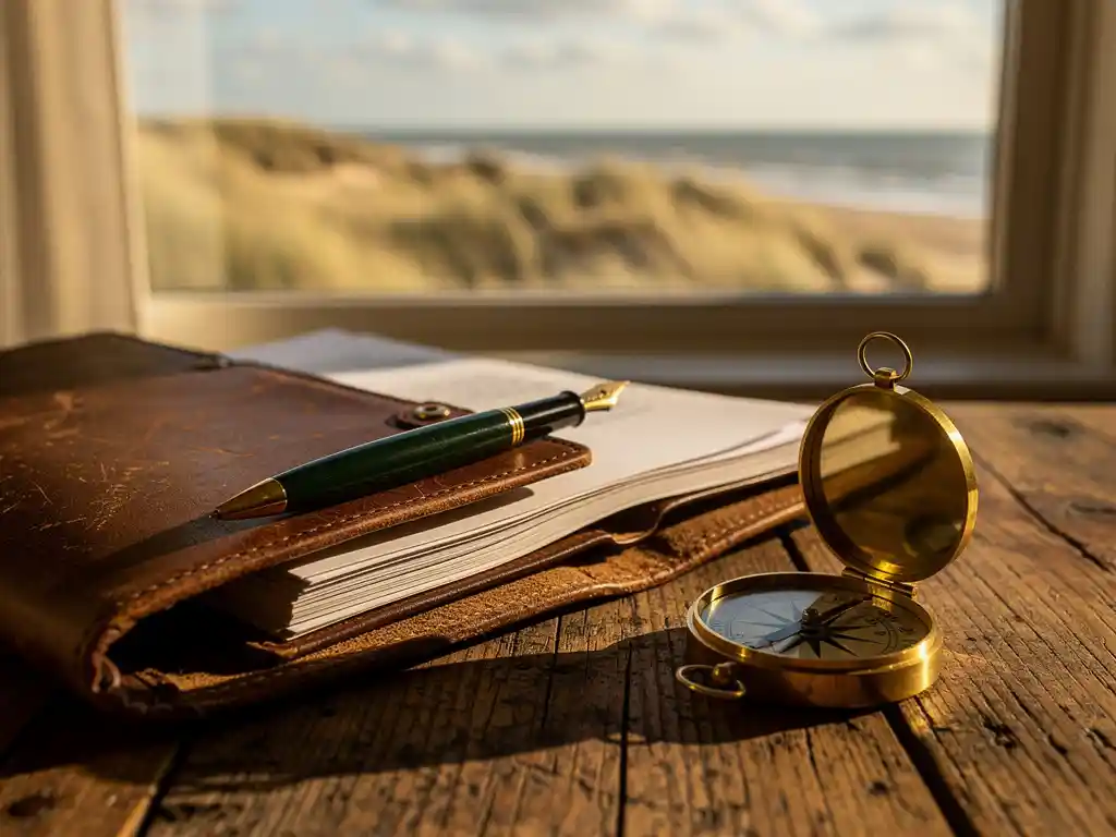 Versleten leren portfolio met vulpen en juridische documenten op rustieke eikentafel, messing landmeeterskompas, Nederlands kustlandschap op achtergrond.