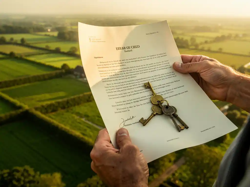 Handen van een grondeigenaar met een pachtcontract en antieke sleutels, met zonnig Zeeuws landschap op de achtergrond.
