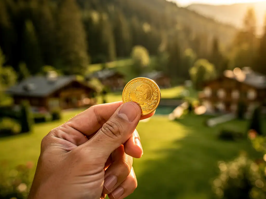 Hand houdt gouden munt vast boven groen vakantieresort met zichtbare chalets in zacht bokeh, passief investeren in recreatievastgoed.
