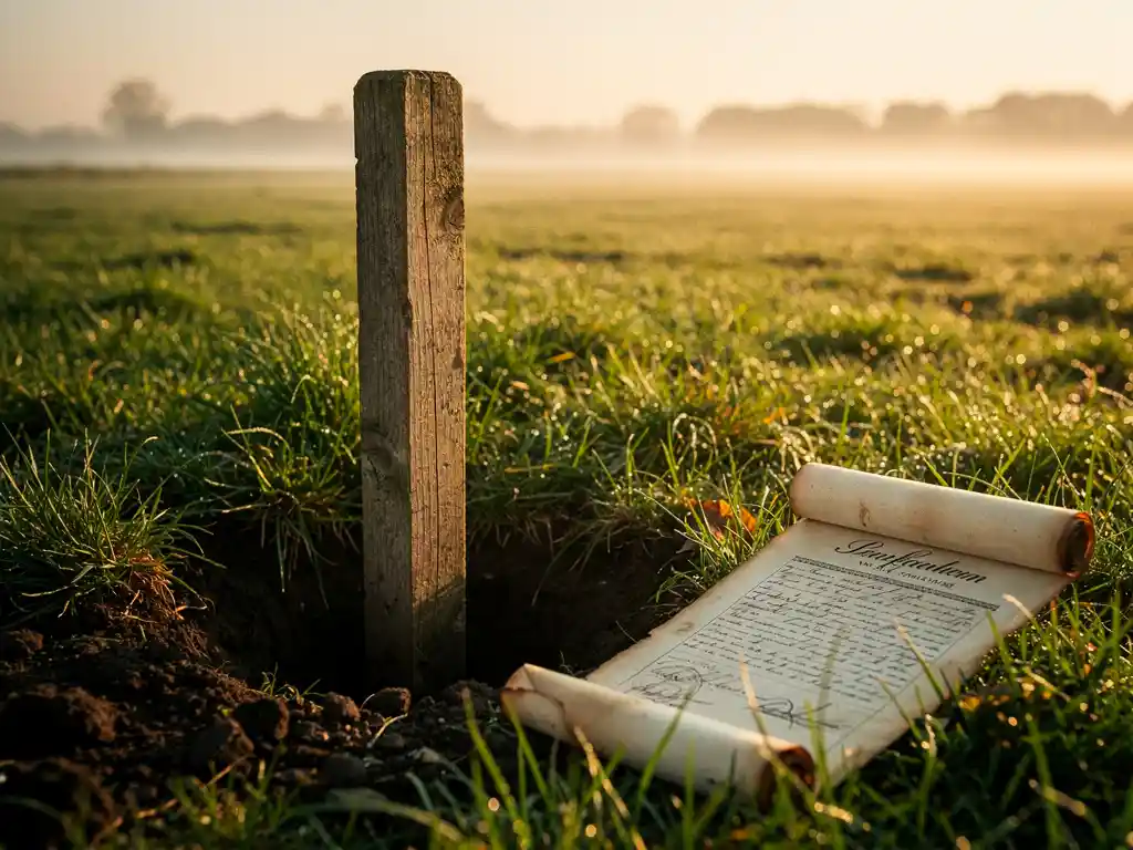Verweerde houten peilstok in Hollands polderweiland met opgerold landakte-document, gouden ochtendlicht en lichte mist.