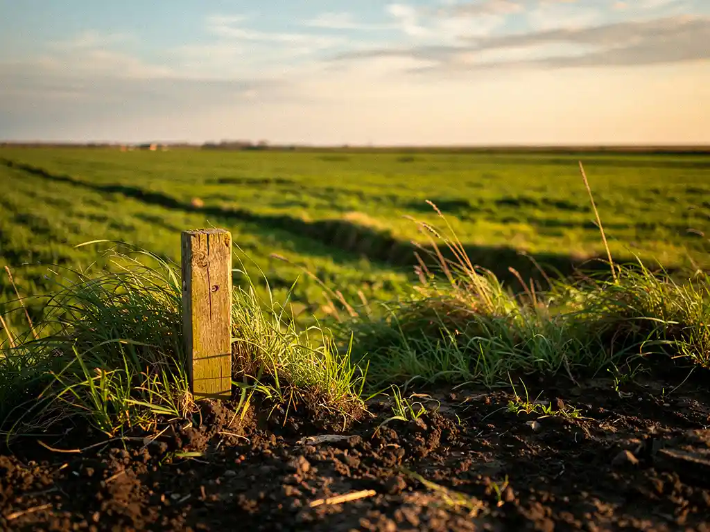 Groen recreatiegebied in Zeeland met golvend gras, verweerde houten grenspaal en gouden kustlicht aan de Nederlandse horizon.