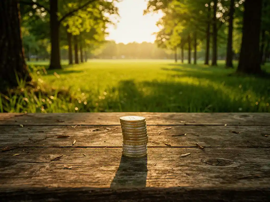 Stapel euromunten op verouderd houten tafel met zonnig groen recreatieland en bomen op de achtergrond.