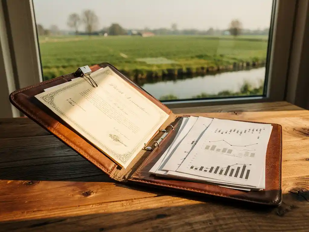 Verweerde leren portfolio op eikenhouten tafel met een landakte en aandelengrafieken, recreatiegrond zichtbaar op de achtergrond.