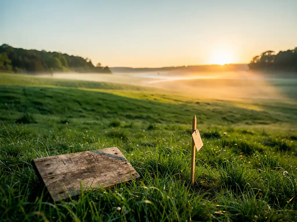 Houten eigendomsakte op weelderig groen gras naast een landmeetpaal in een mistig recreatieresort bij zonsopgang.