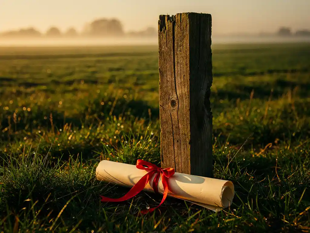 Verouderde houten landmeetpaal in groen recreatieland met opgerolde juridische akte, ochtendmist boven Nederlands landschap.