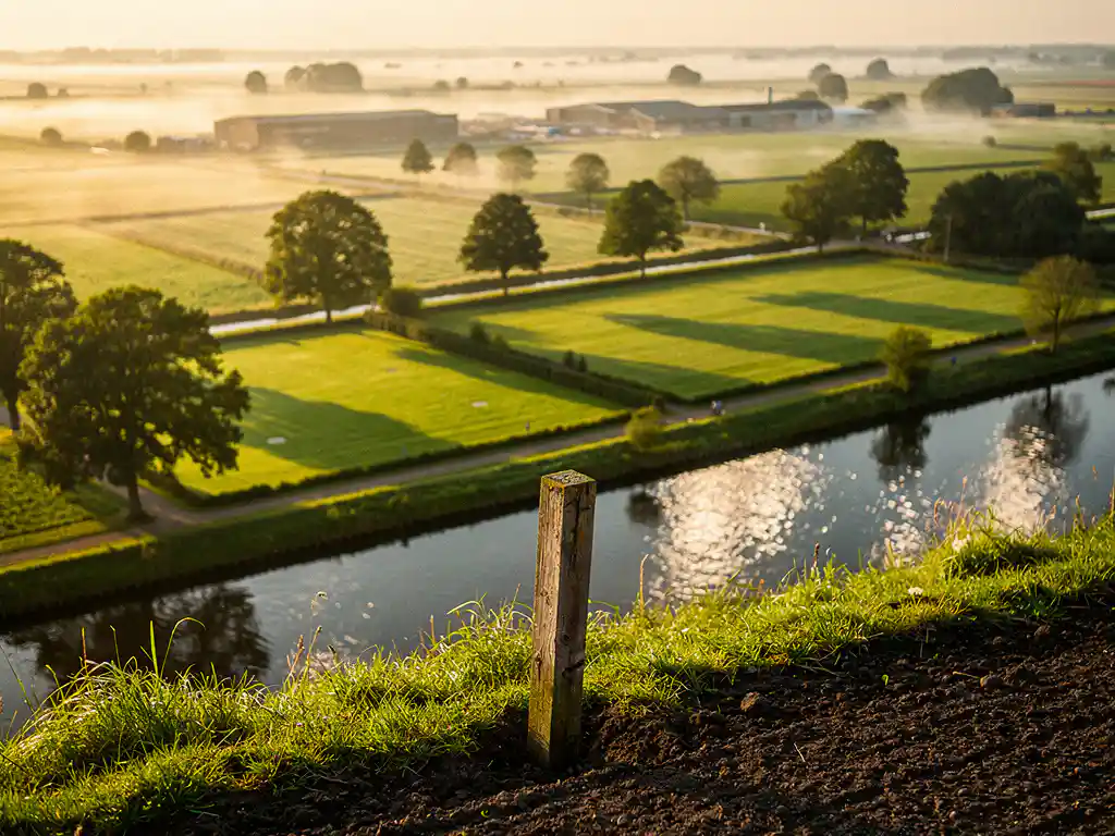 Houten meetpaal in rijke grond langs Nederlandse waterweg, omgeven door groene recreatiepercelen en volwassen bomen in middaglicht.