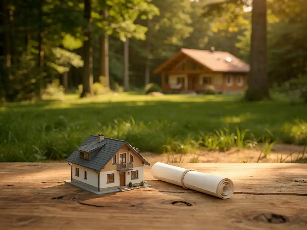 Miniatuur huis en opgerolde koopakte op houten ondergrond, met weelderig groen recreatieperceel en chalet op de achtergrond.