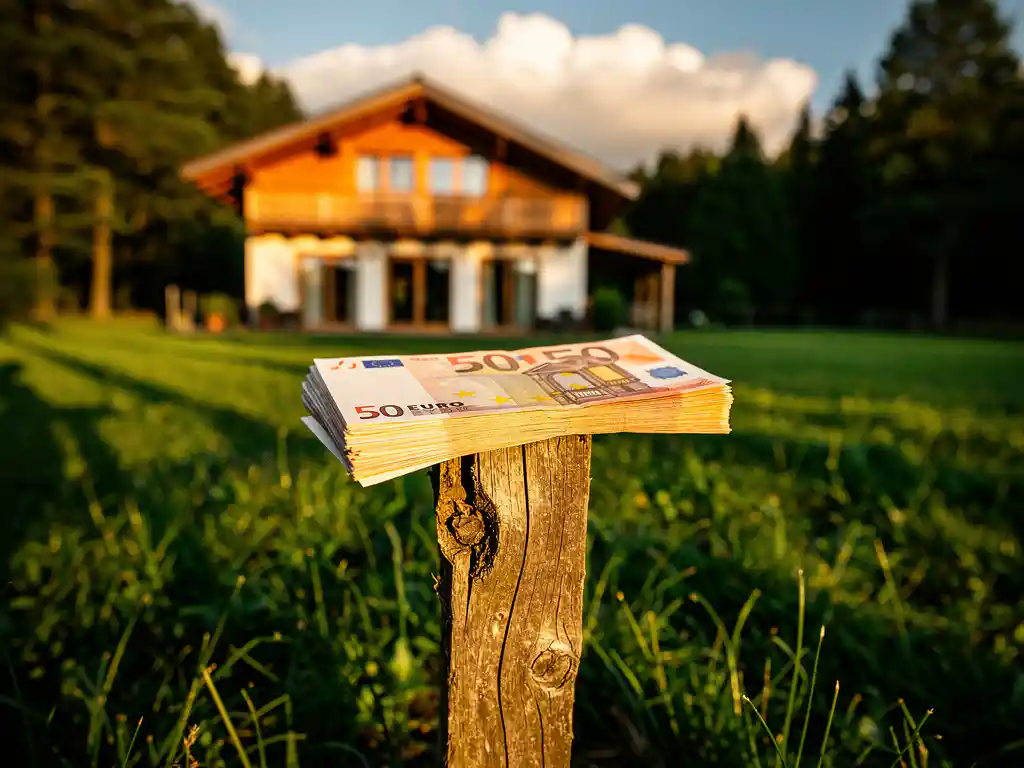 Euro bankbiljetten op een houten landmeetpaal in recreatiegrond, met een vakantiechalets op de achtergrond.