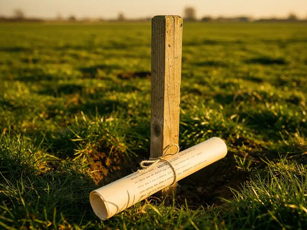 Verouderde houten meetpaal in groen recreatieland met opgerold juridisch document, Nederlandse weidelandschap op de achtergrond.