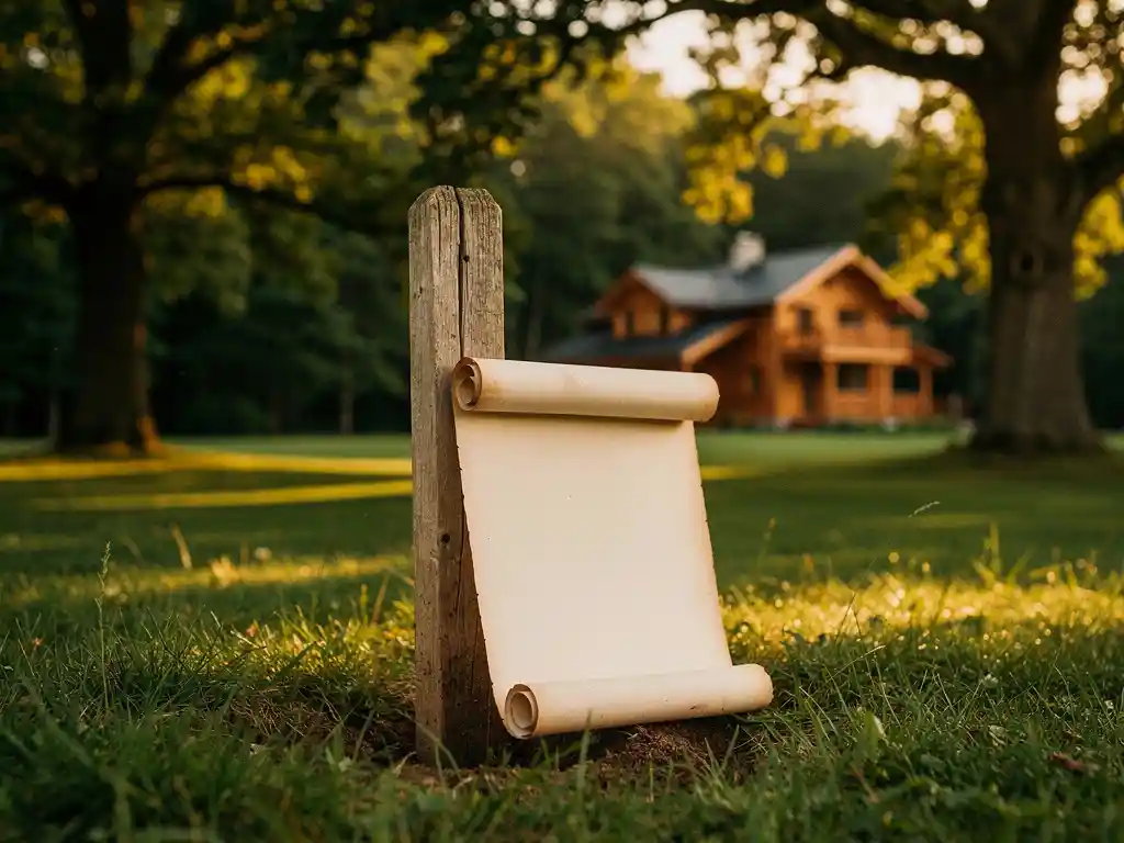 Verouderde houten landmeetpaal in groen recreatieland met een opgerold pachtdocument, eiken op de achtergrond en een chalet in gouden middaglicht.