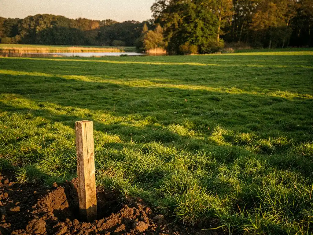 Zonnig recreatieperceel in Zeeland met weelderig groen gras, een houten grenspaal in rijke aarde en een rustige bomenrij op de achtergrond.