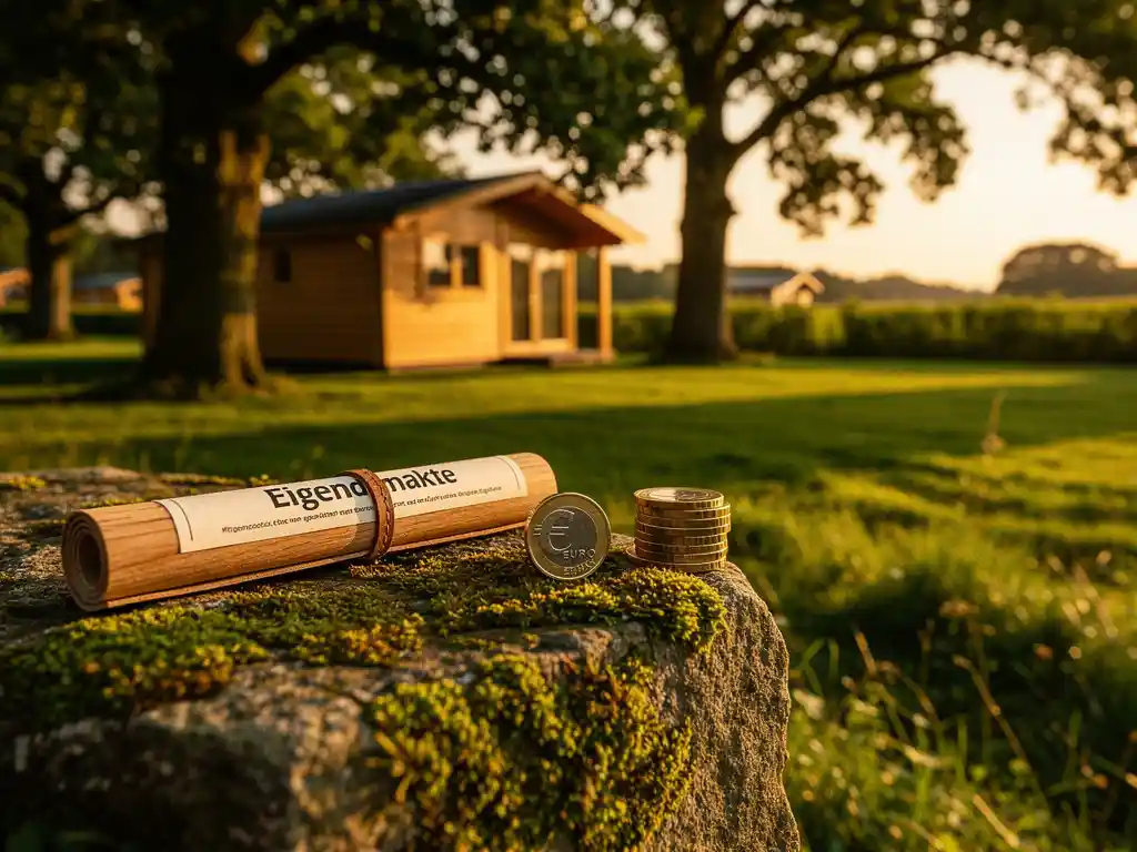 Vakantiepark in Zeeland met groene weiden, houten chalet onder eiken, grondakte en euromunten op een mosrijke steen in de voorgrond.