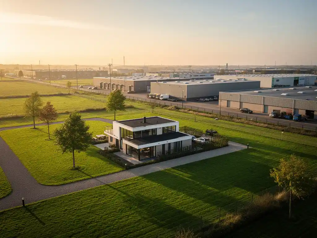 Luxe chalet in groen recreatiepark met industriezone op de achtergrond, Nederlands landschap in gouden middaglicht.