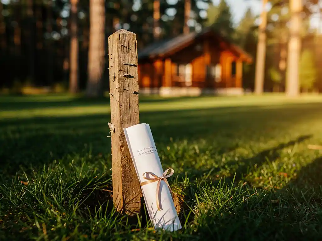 Verouderde houten landmeetpaal in groen recreatieland met opgerolde juridische document, vakantiehuisje tussen pijnbomen op achtergrond.