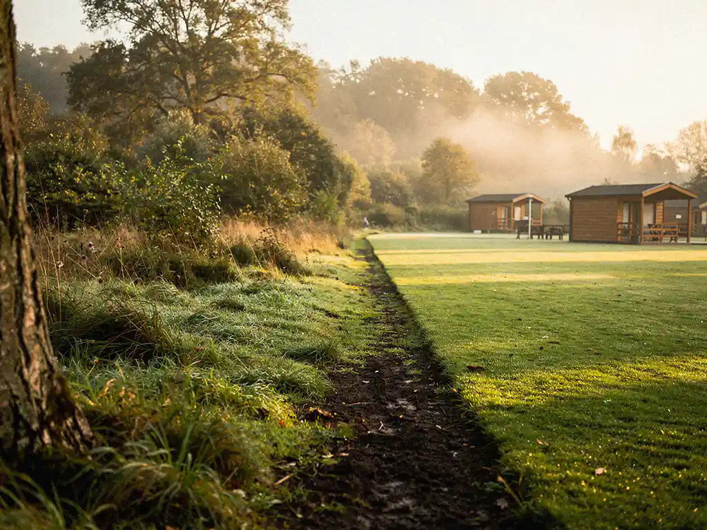 Scherpe grens tussen verzorgd recreatiepark met houten chalets en ongerepte natuurreserve in Nederlands landschap, gouden ochtendlicht.