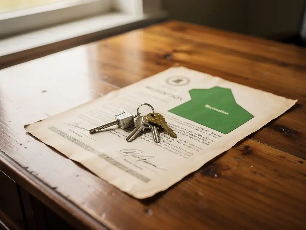 Notarieel bureau met ondertekende eigendomsakte, plattegrond van recreatieperceel en sleutels op officiële documenten in warm middaglicht.