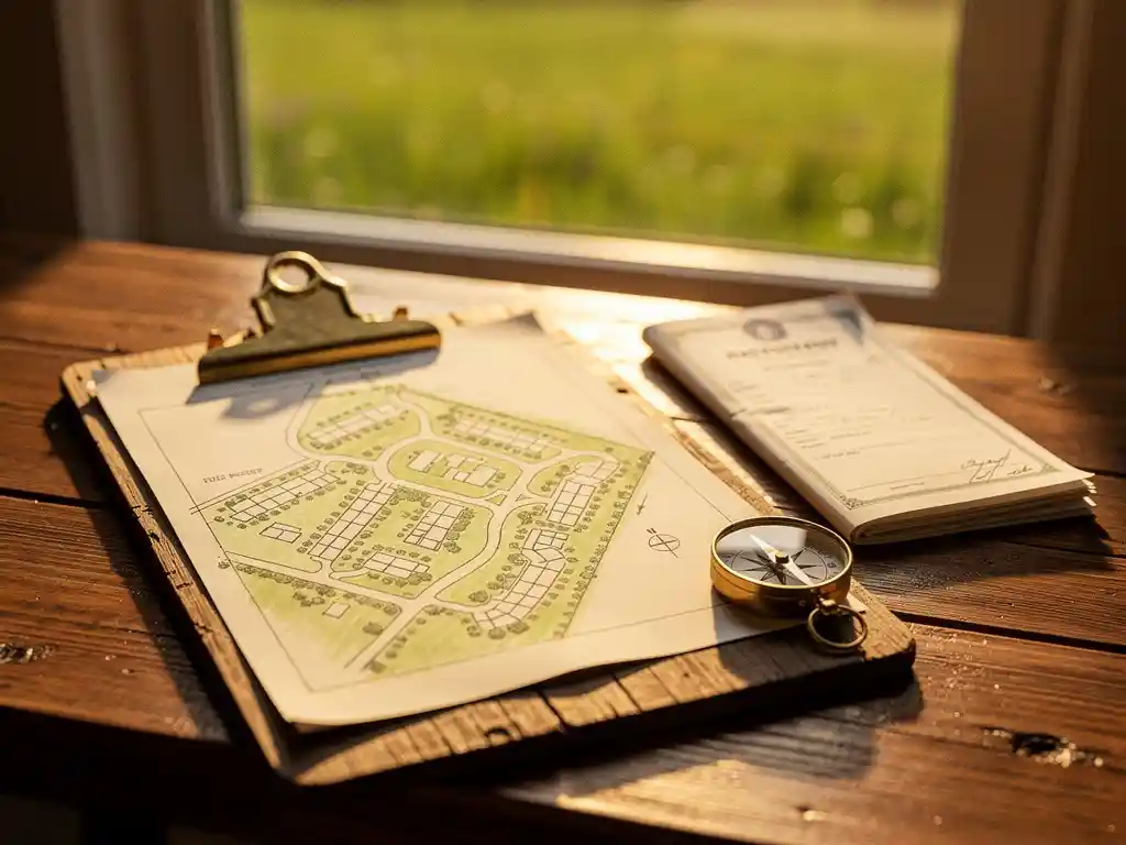 Verouderd houten klembord met handgetekende plattegrond van een recreatieresort, naast een messing kompas en kadasterdocument op een eiken tafel.