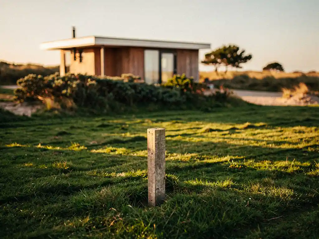 Verouderde houten kadastrale paal in weelderig groen gras op een recreatiekavel aan de Nederlandse kust, luxe chalet zichtbaar op achtergrond.