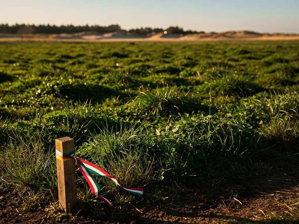 Groen recreatieperceel aan de Nederlandse kust met houten paal en landmeterslint in warm middaglicht.