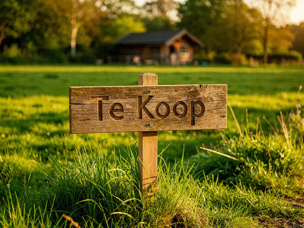 Houten "Te Koop"-bord in groen gras met op de achtergrond een rustieke houten recreatiewoning in warm middaglicht.
