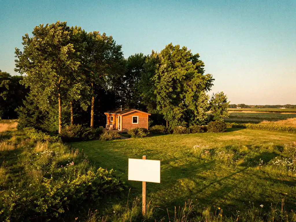 Houten vakantiechaletje te koop op een zonnig recreatiepark in het Nederlandse landschap, omgeven door hoge groene bomen.