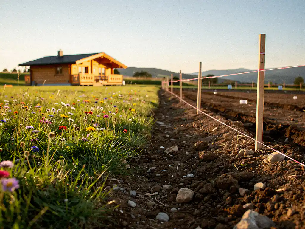 Groen recreatielandschap met wilde bloemen en houten chalet grenst aan bouwkavel met landmeetpalen en kale aarde, gouden-uurlicht.