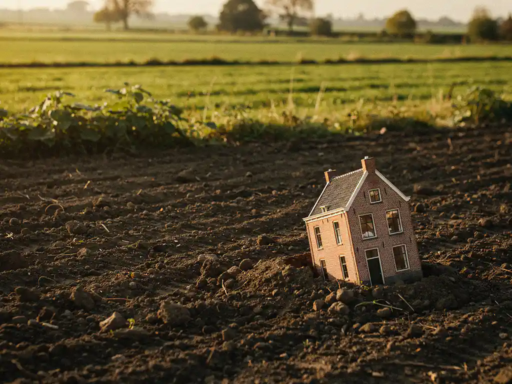 Schaalmodel van bakstenen huis half begraven in vruchtbare Zeeuwse grond, gouden middaglicht over donkerbruin akkerland.