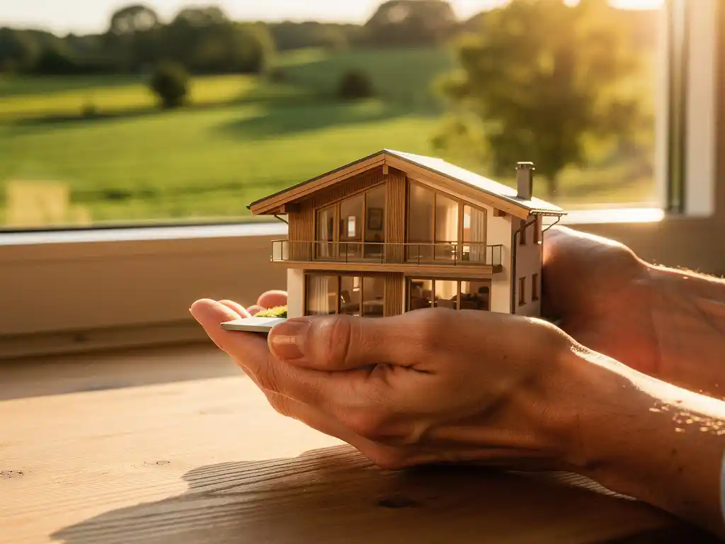 Handen houden een schaalmodel van een luxe recreatieChalet vast, met het groene Zeeuwse landschap zichtbaar door een zonnig raam op de achtergrond.