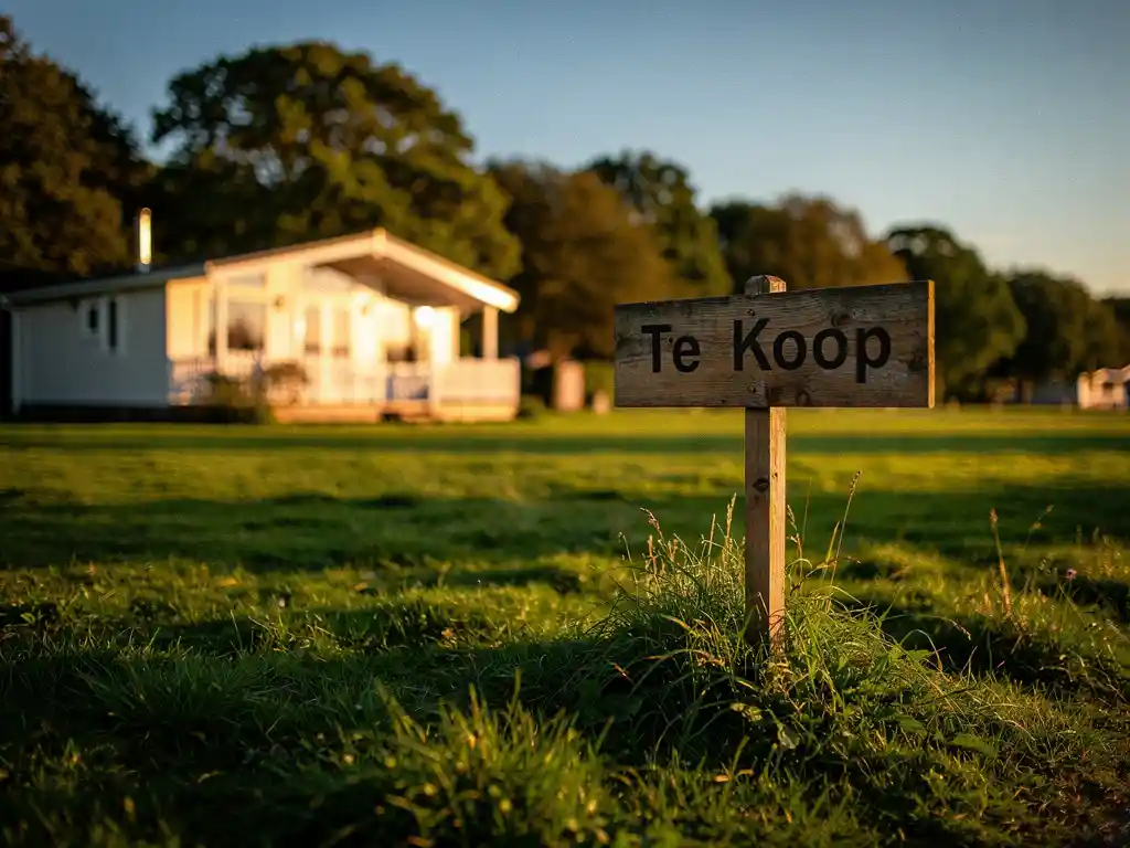Houten "Te Koop"-bord in groen gras bij een recreatiepark, met een vakantiechaletje zichtbaar op de achtergrond.