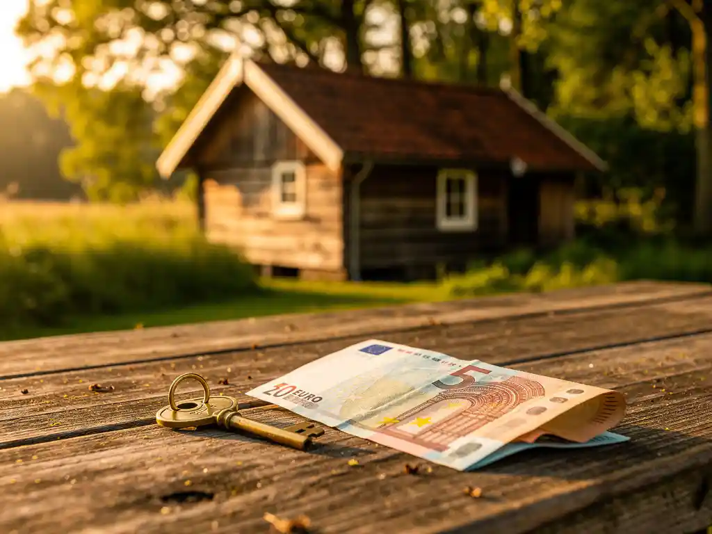 Rustieke houten vakantiewoning in groen Nederlands landschap met een messing sleutel en gevouwen eurobiljet op een verweerde buitentafel.