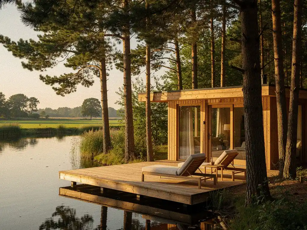 Luxe vakantiepark bungalow tussen hoge pijnbomen aan een rustig natuurmeer in Zeeland, met houten terras en ligstoelen in middagzon.