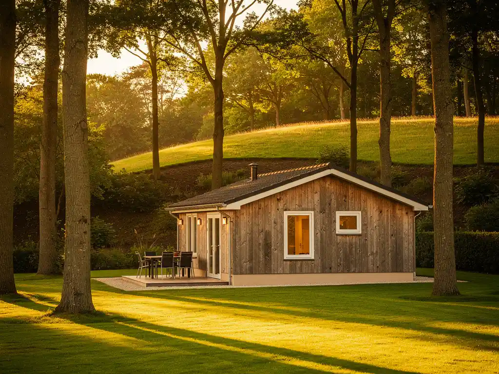 Houten vakantiewoning in Nederlands recreatiepark omgeven door volwassen bomen in warm middagzonlicht.