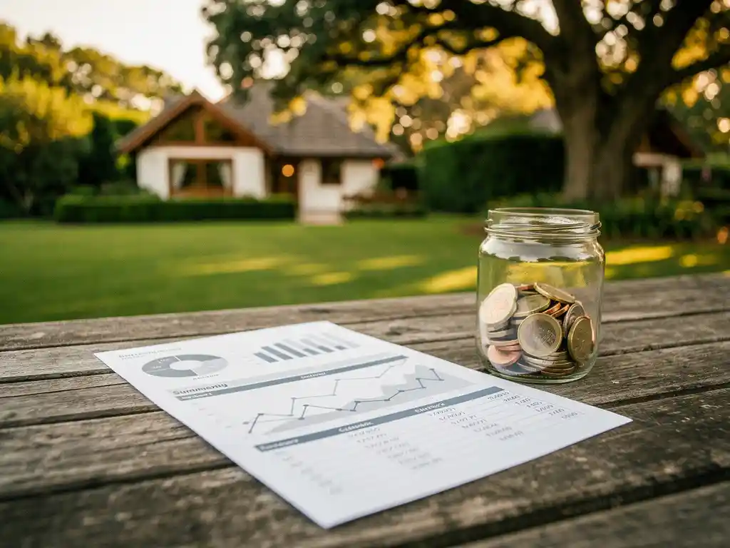 Verweerde houten tafel buiten met financieel overzicht en glazen pot vol euromunten, vakantiehuisje zichtbaar op de achtergrond.