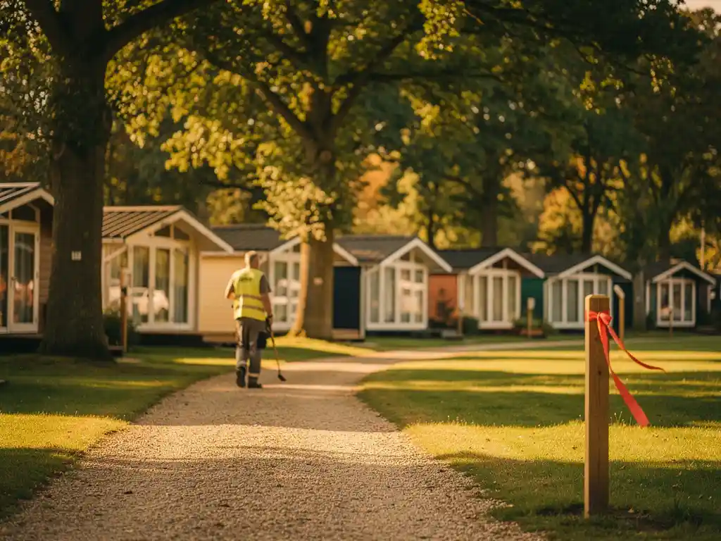 Beheerder loopt over grindpad in Nederlands vakantiepark met houten grenspaal, chalets tussen eikenbomen in warm avondlicht.