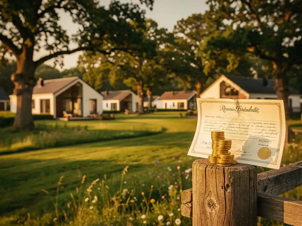 Vakantiepark in Zeeland met luxe chalets tussen eikenbomen, grondakte en gouden munten op houten hekpaal op de voorgrond.