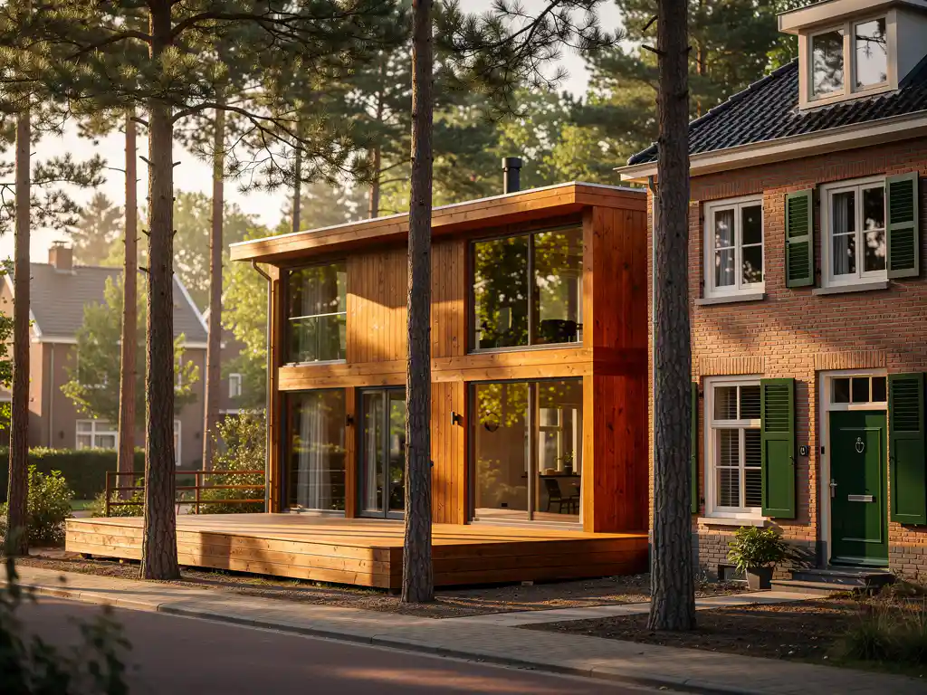 Luxe vakantiechalets met houten terras naast een Nederlandse bakstenen woning, omgeven door dennenbomen in warm middagzonlicht.