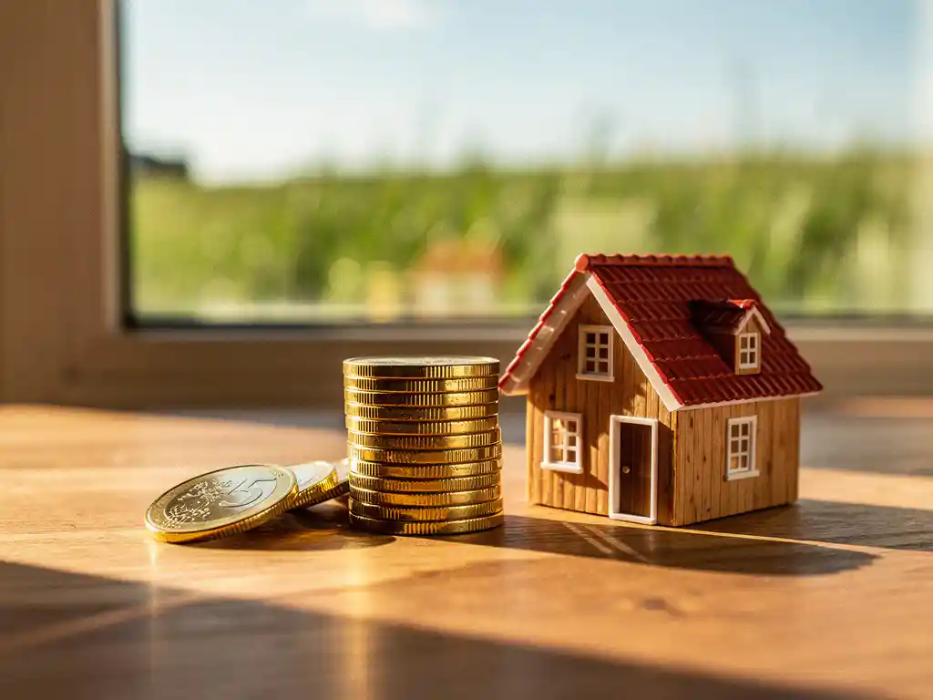 Stapel euromunten naast een miniatuur vakantiehuisje op een houten ondergrond, met groene weide en blauwe lucht op de achtergrond.