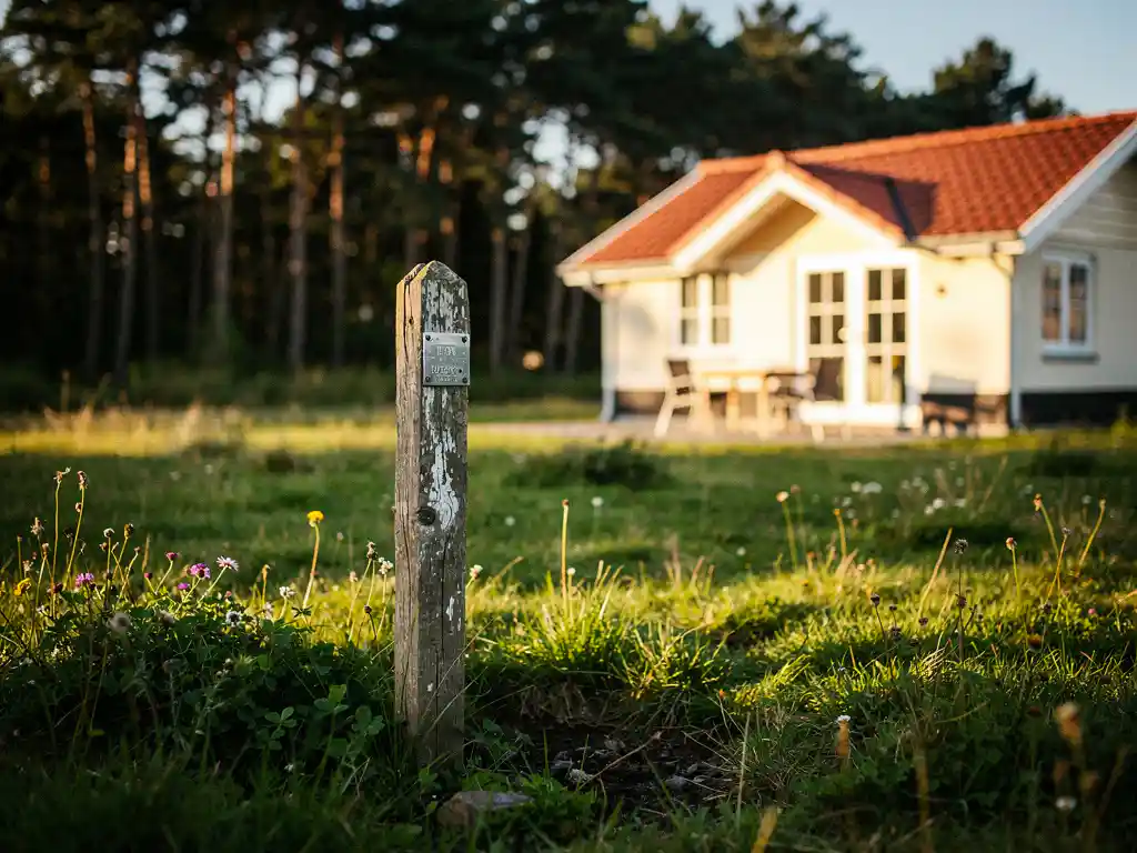 Verouderde houten meetpaal in een groen weiland naast een Hollands vakantiechalet met terracottadak in warm middagzonlicht.