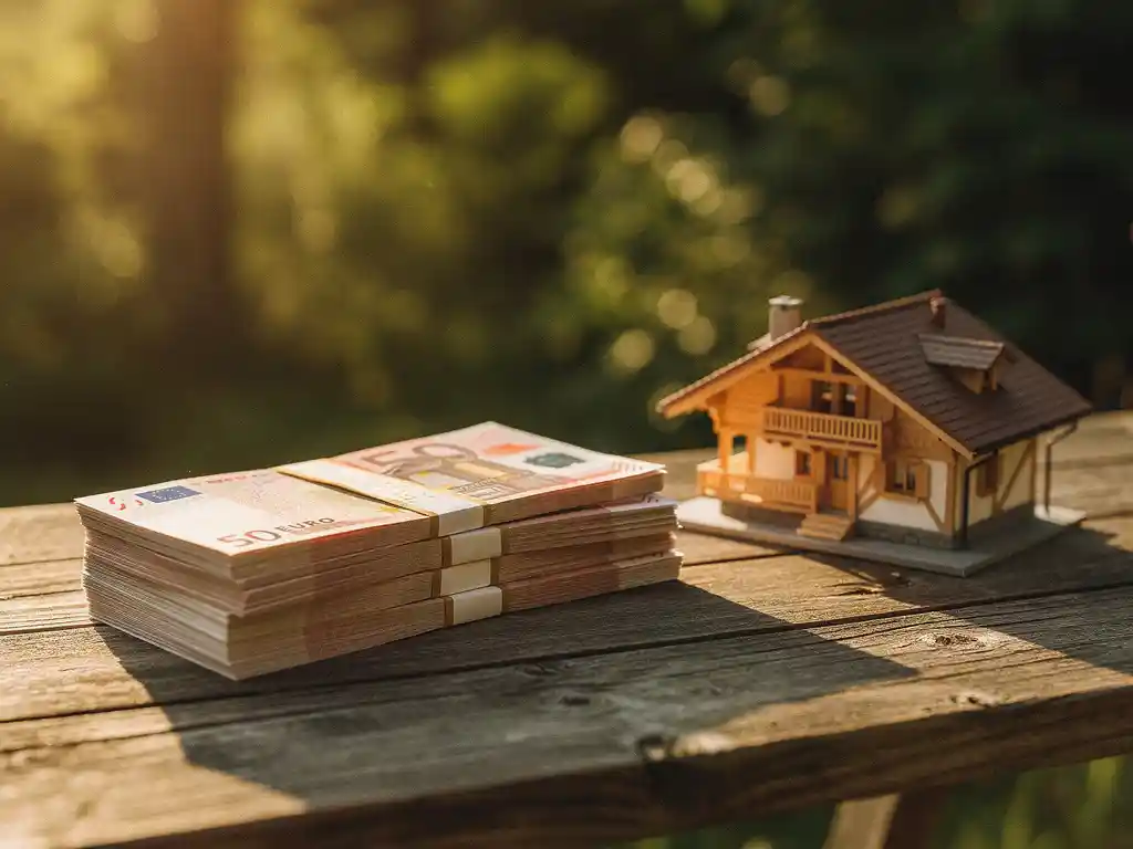 Euro biljetten gestapeld naast een miniatuurmodel van een vakantiechalet op houten ondergrond, warm middaglicht.